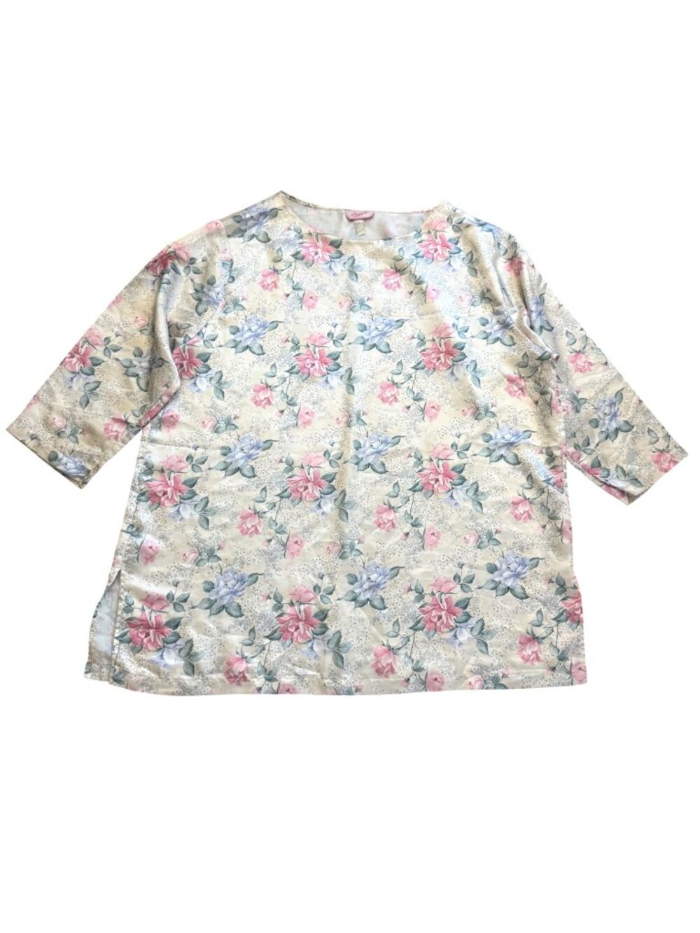 Scaasi Women's Tunic Top Sz 1X-2X Cream Floral Print 3/4 Sleeve Vintage Designer